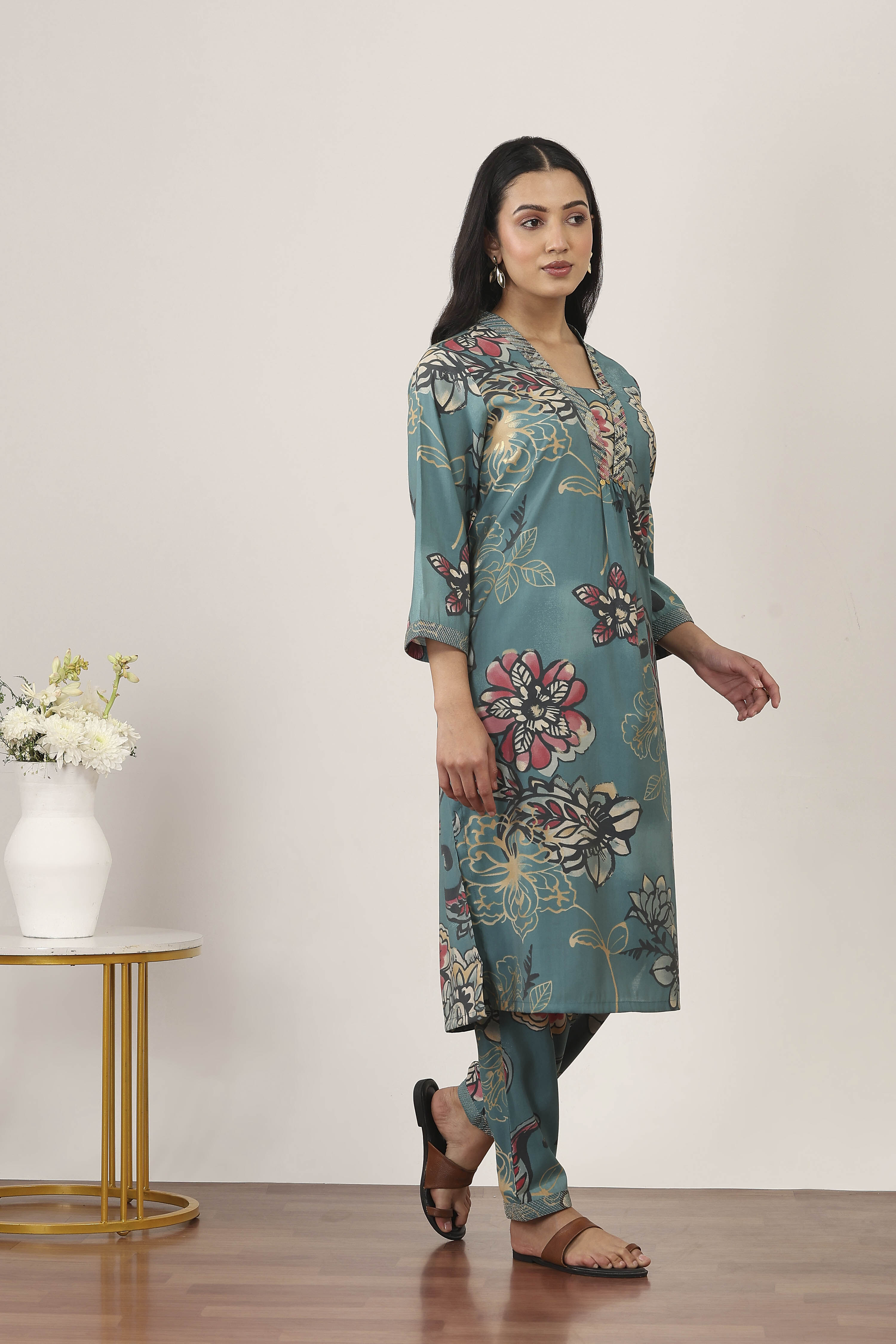 Orange Viscose Polyester Viscose Rayon Kurta Pants Set image number 5