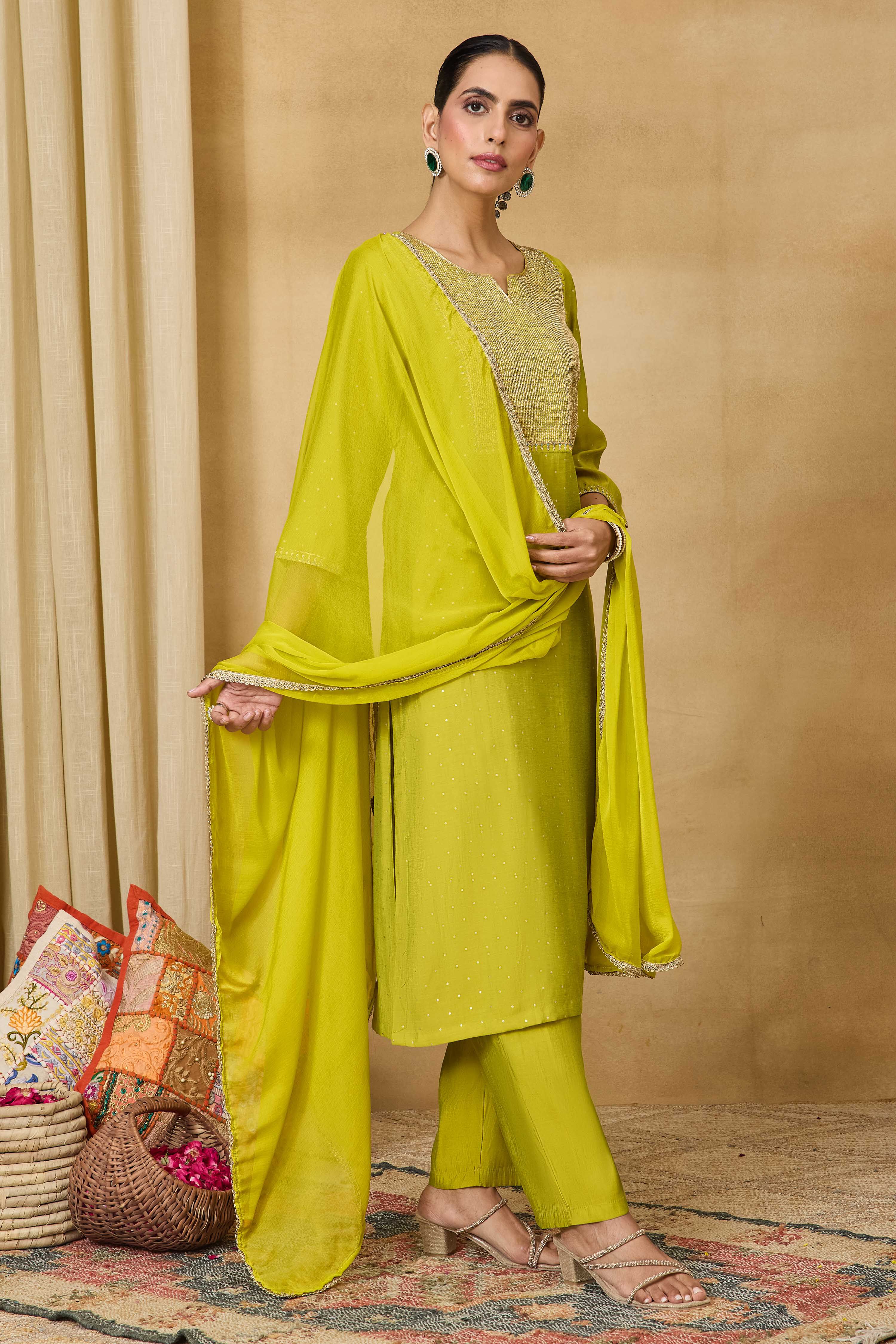 Lime Viscose Blend Straight Printed Suit Set image number 0