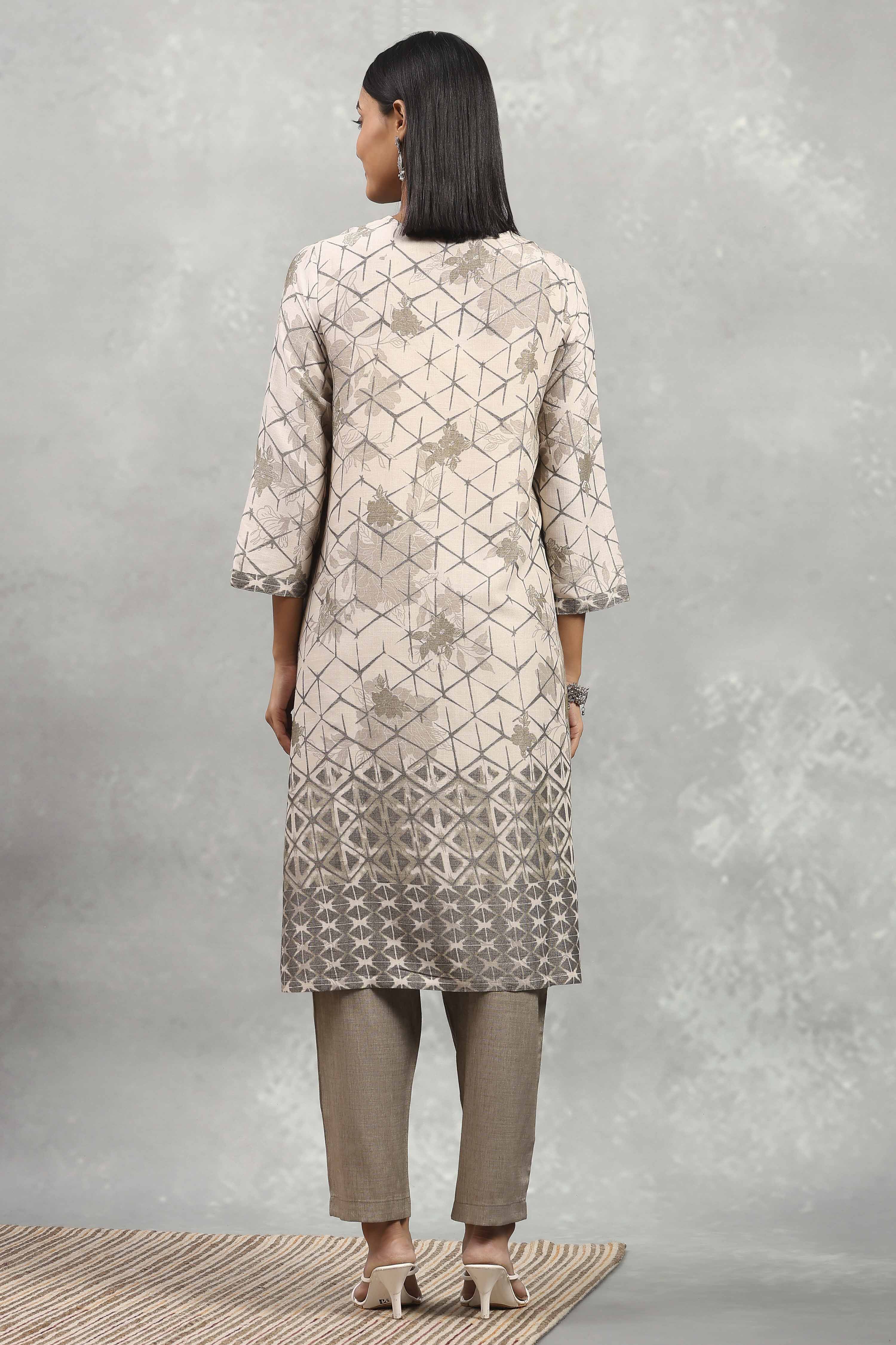 Grey Viscose Blend Printed A-Line Kurta Pants Set image number 4
