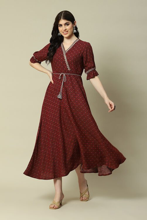 Maroon Cotton Blend Printed Dress image number 0