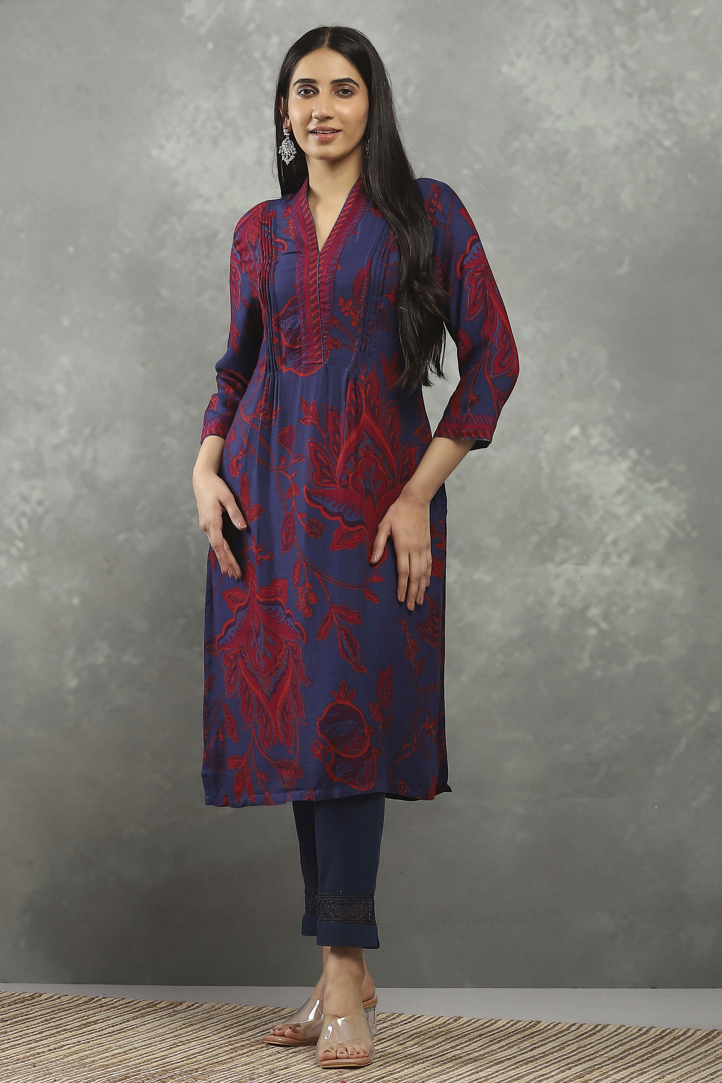 Blue Viscose Rayon Printed Straight Kurta image number 0