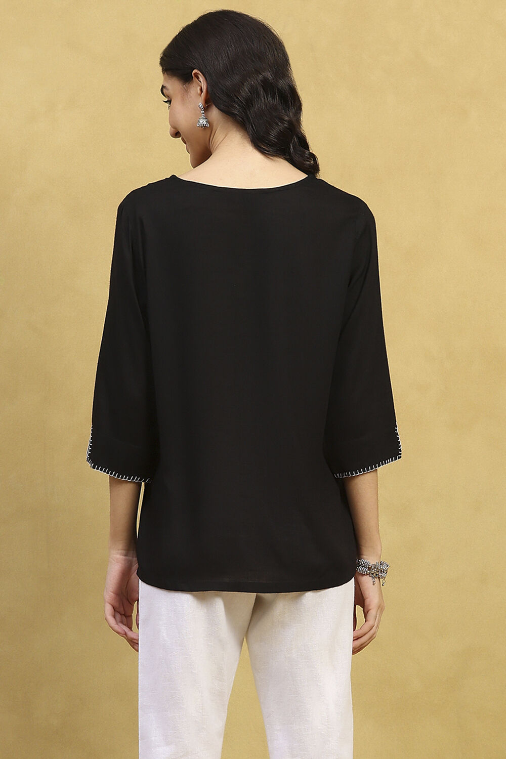 Black Viscose Rayon Embroidered Straight Top image number 3