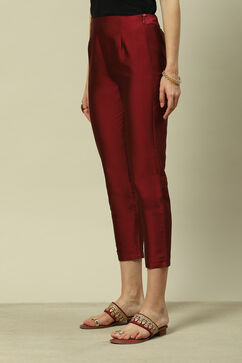 Maroon Polyester Slim Solid Pants image number 2