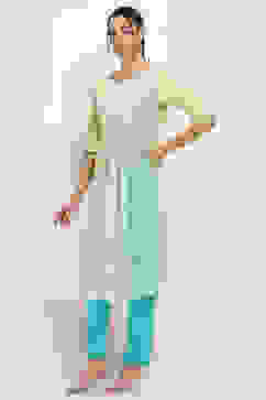 Lime Green Cotton Pleated Straight Kurta image number 2