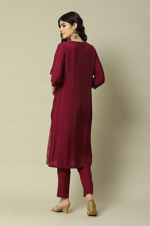 Purple Cotton Straight Printed Kurta Palazzo Suit Set image number 4