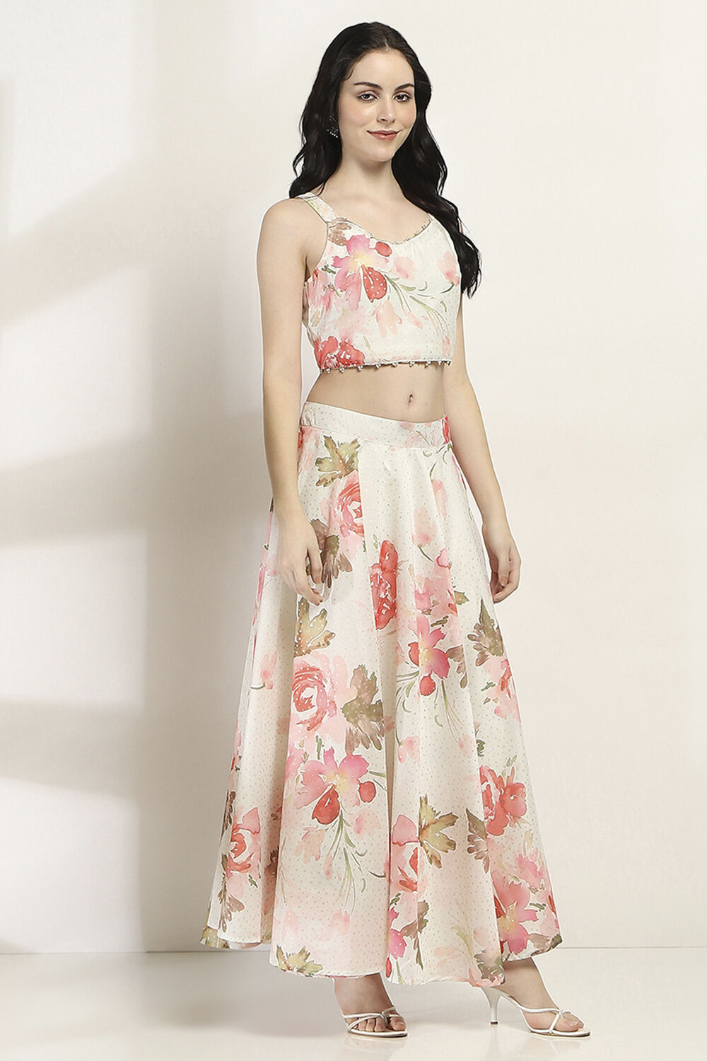 Off White Viscose Blend Skirt Set image number 7