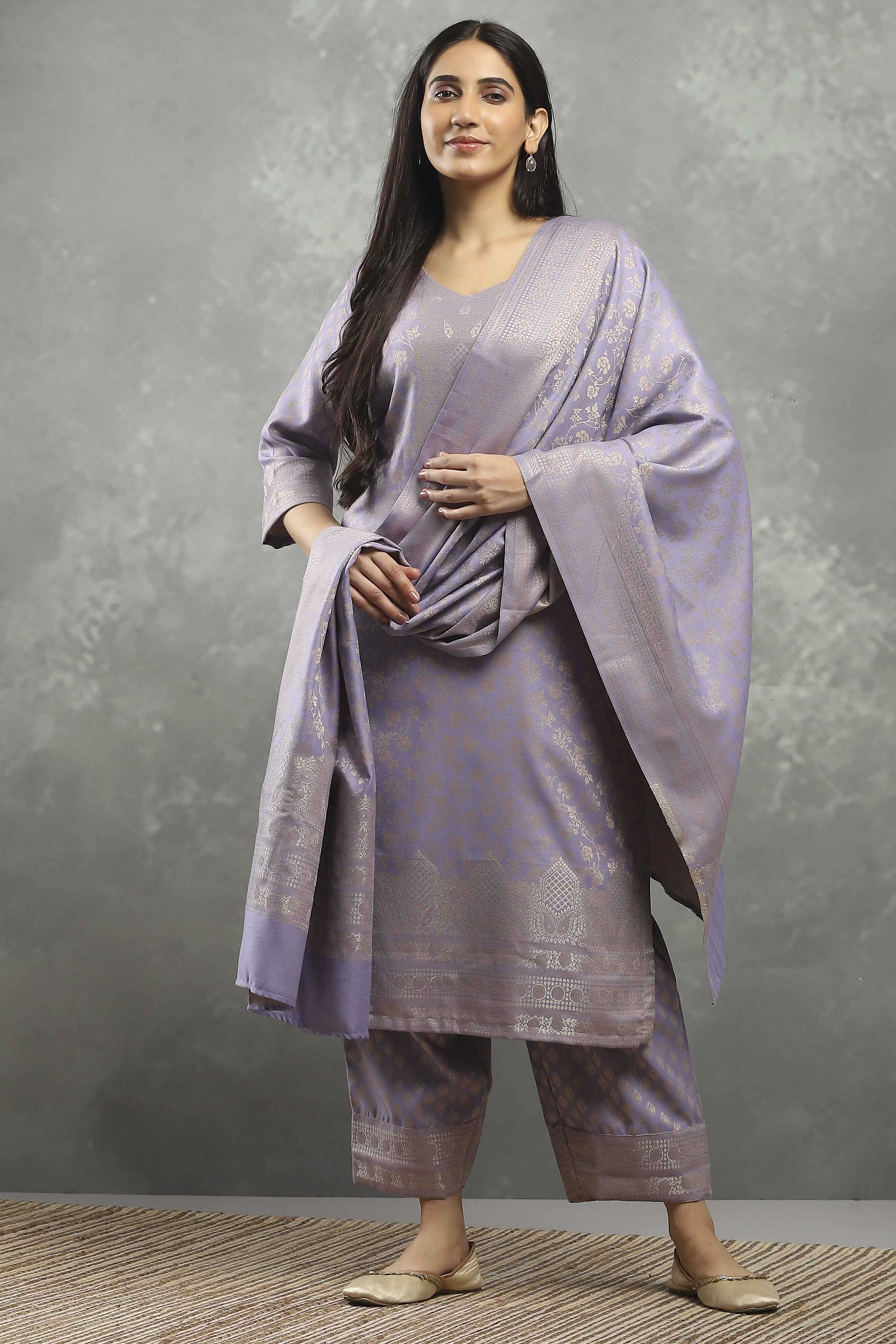 Mauve Polyester Yarndyed Straight Suit Set image number 6