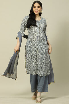 Grey Cotton Blend Woven Straight Kurta Suit Set image number 0