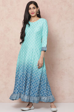 Blue Viscose Rayon Flared Dress image number 0