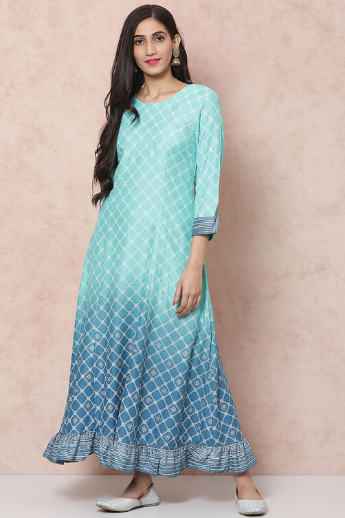 Blue Viscose Rayon Flared Dress image number 0