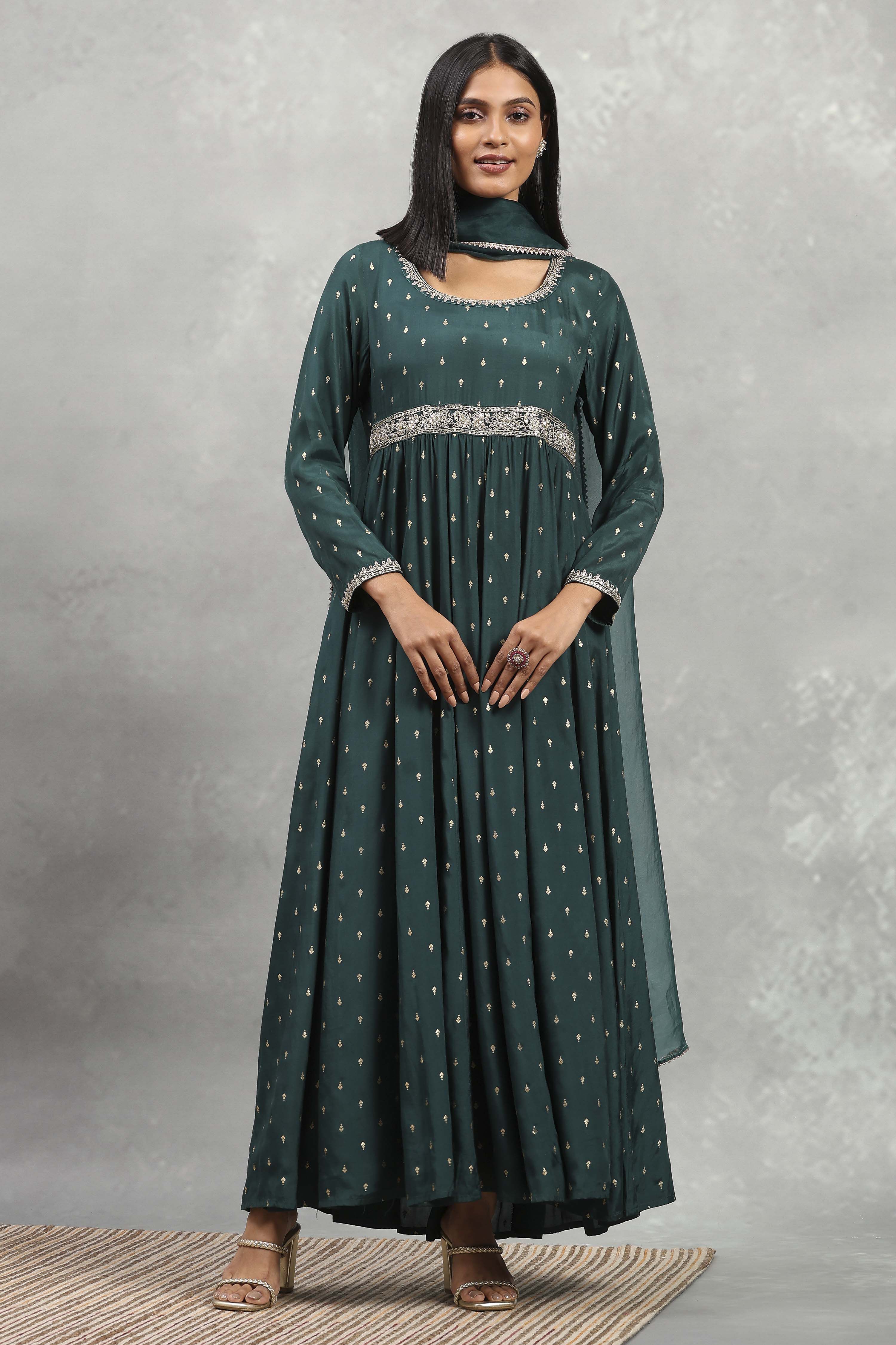 Green Viscose Rayon Printed Anarkali Dress image number 5