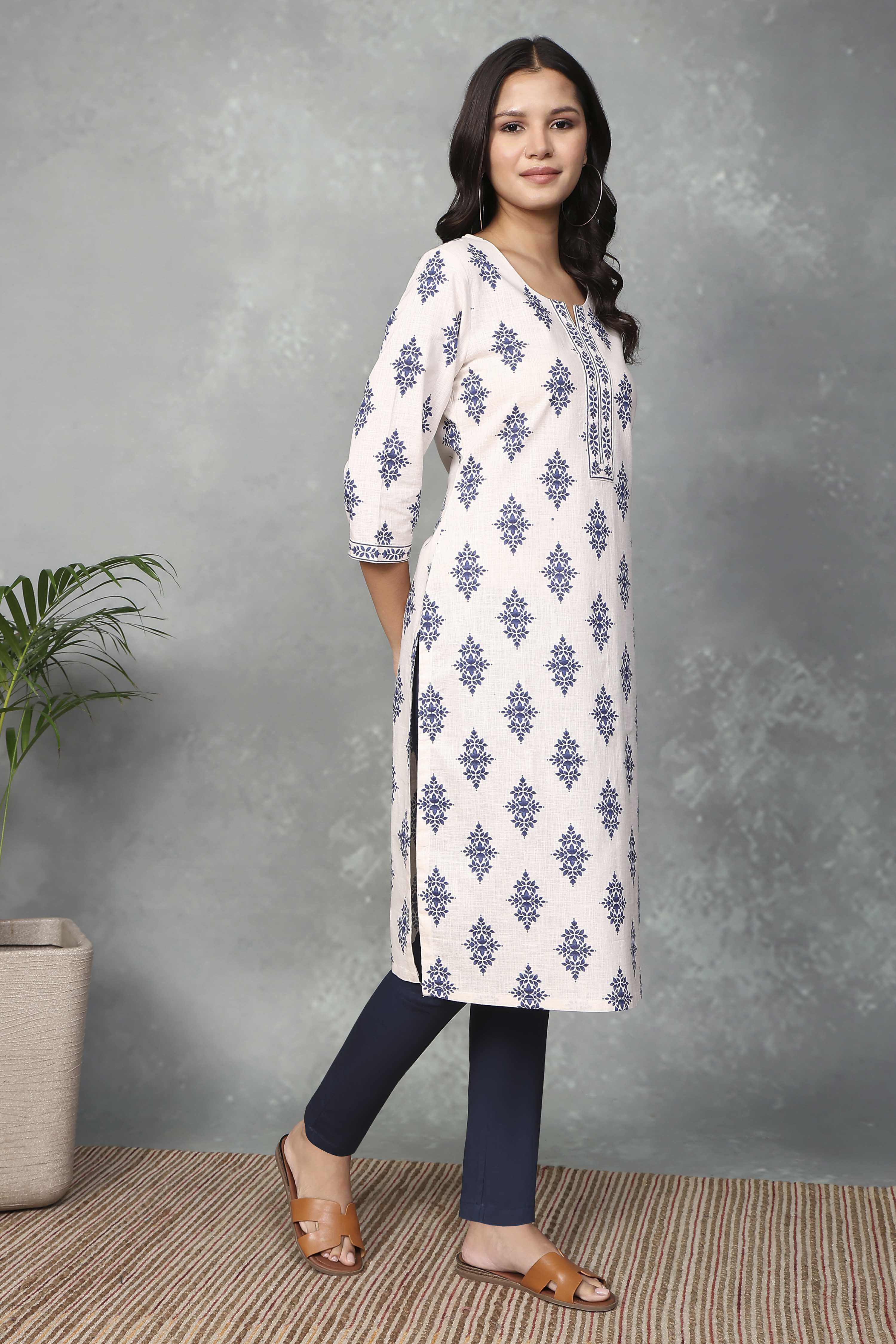 Off-White Cotton Printed Straight Kurta image number 4
