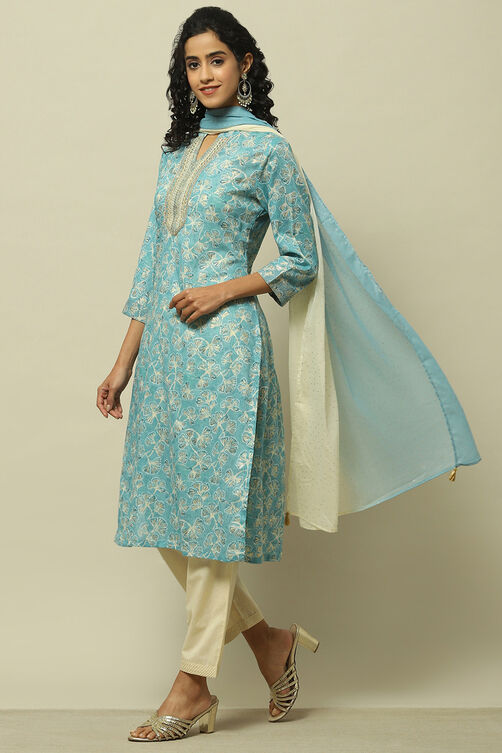 Blue Cotton Blend Straight Suit Set image number 4