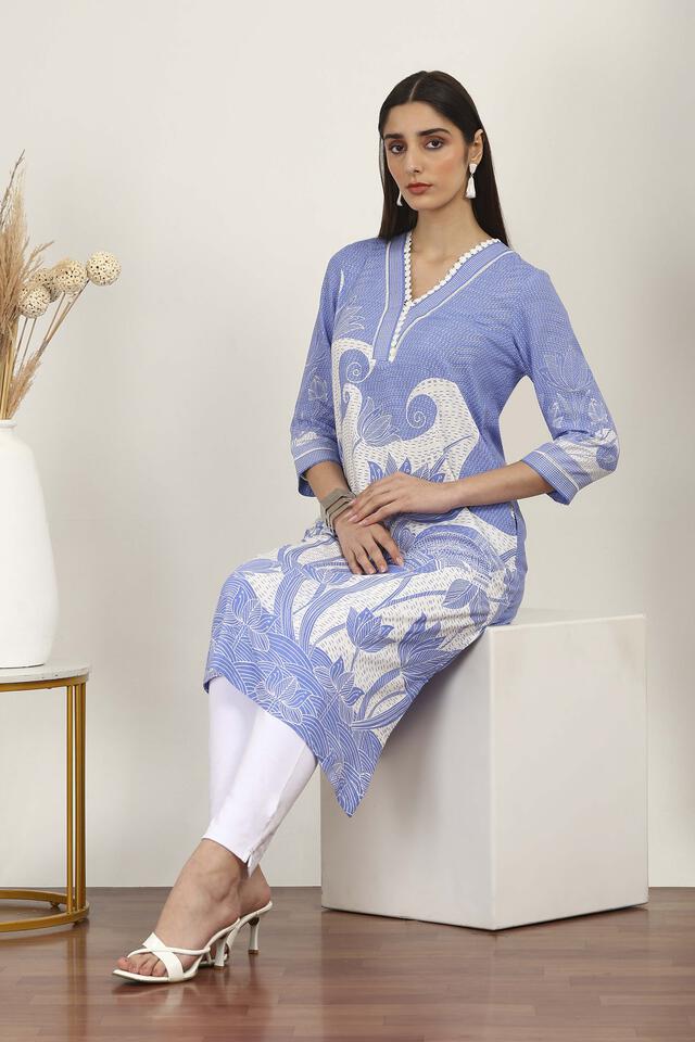 Rangriti Rayon Printed A-Line Casual Kurta Blue in Blue