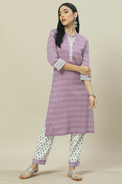 Lavendar LIVA Woven Straight Kurta Suit Set image number 0