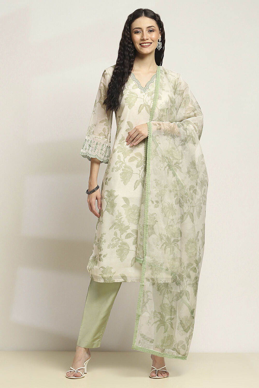 Green Polyester Straight Suit Set With Dupatta image number 6