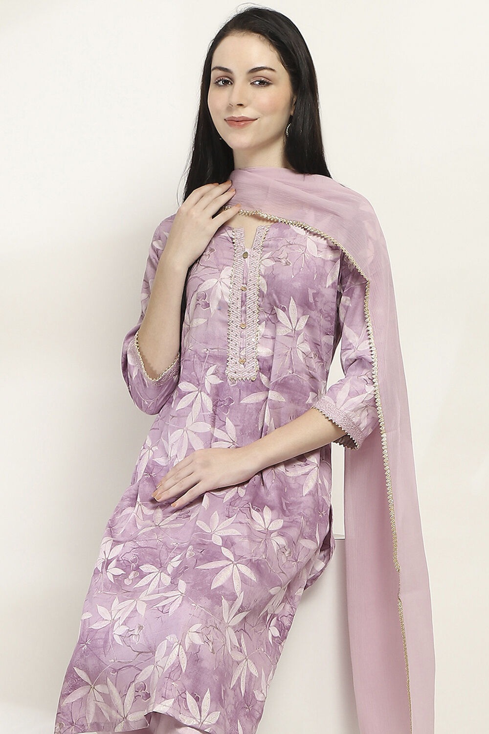 Mauve Cotton Floral Straight Suit Set image number 7