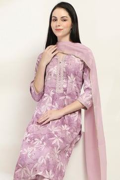 Mauve Cotton Floral Straight Suit Set image number 7