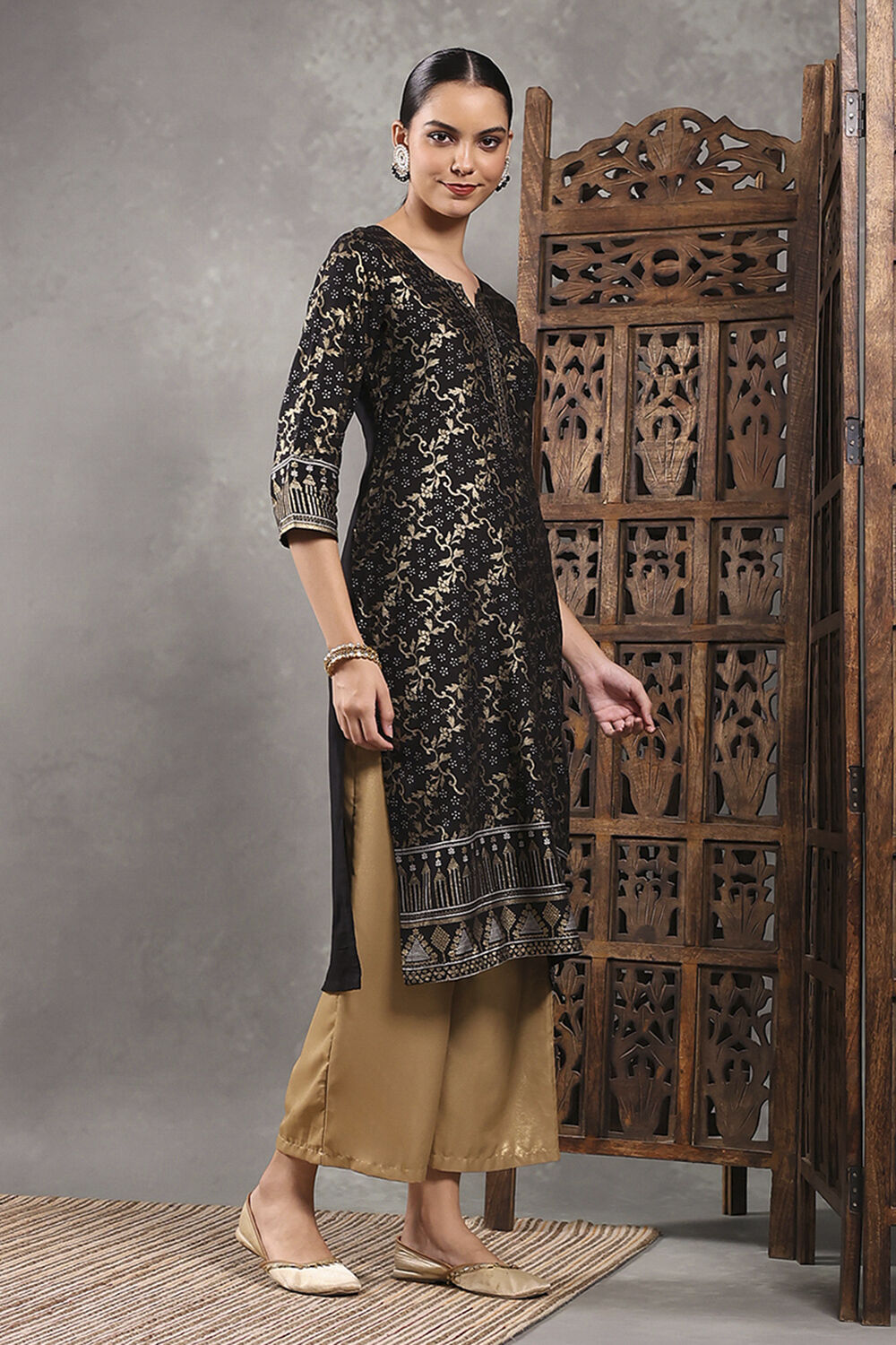 Black Printed Straight Kurta image number 4