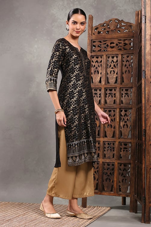 Black Printed Straight Kurta image number 4