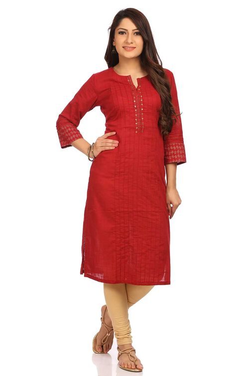 Red Straight Cotton Kurta image number 0