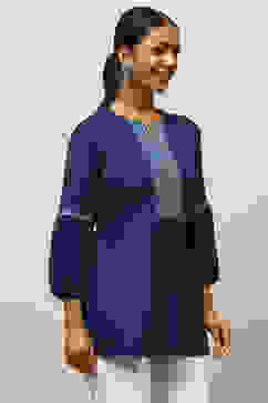 Blue Viscose Blend Embroidered Gathered Top image number 4