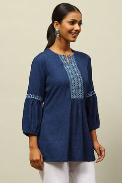 Blue Viscose Blend Embroidered Gathered Top image number 4