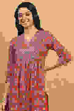 Brick Red Cotton Printed Gathered Suit Set image number 1