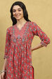 Brick Red Cotton Printed Gathered Suit Set image number 1