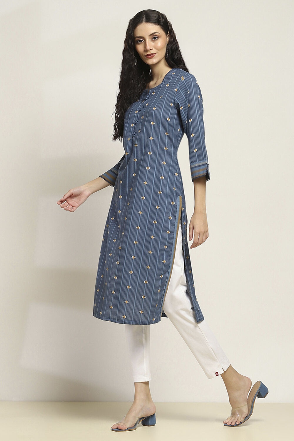 Indigo Cotton Yarn-Dyed Straight Kurta image number 2