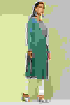 Blue Cotton Blend Straight Kurta image number 4