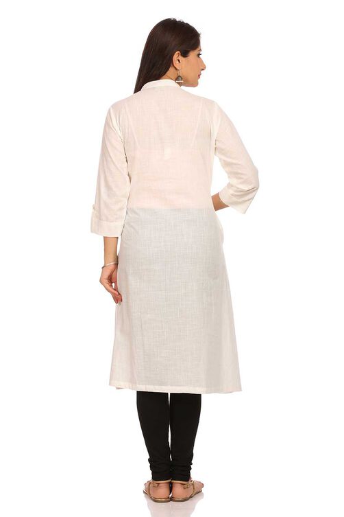 Off White Straight Cotton Kurta image number 3
