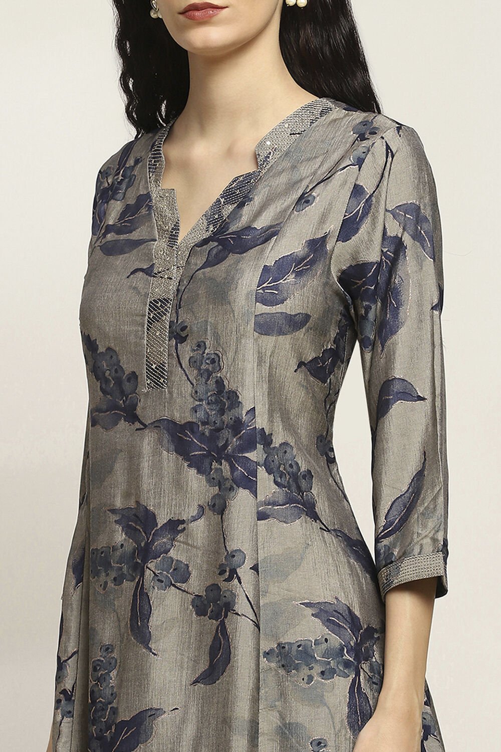 Grey Viscose Blend Printed A-Line Kurta Pants Set image number 1