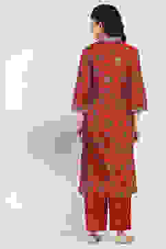 Maroon Cotton Blend Floral Straight Suit Set image number 4