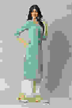 Green Polyester Straight Yarndyed Kurta image number 3