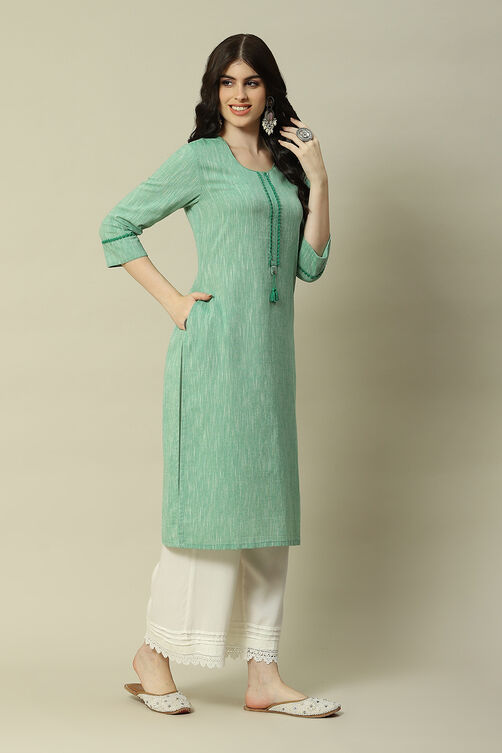 Green Polyester Straight Yarndyed Kurta image number 3