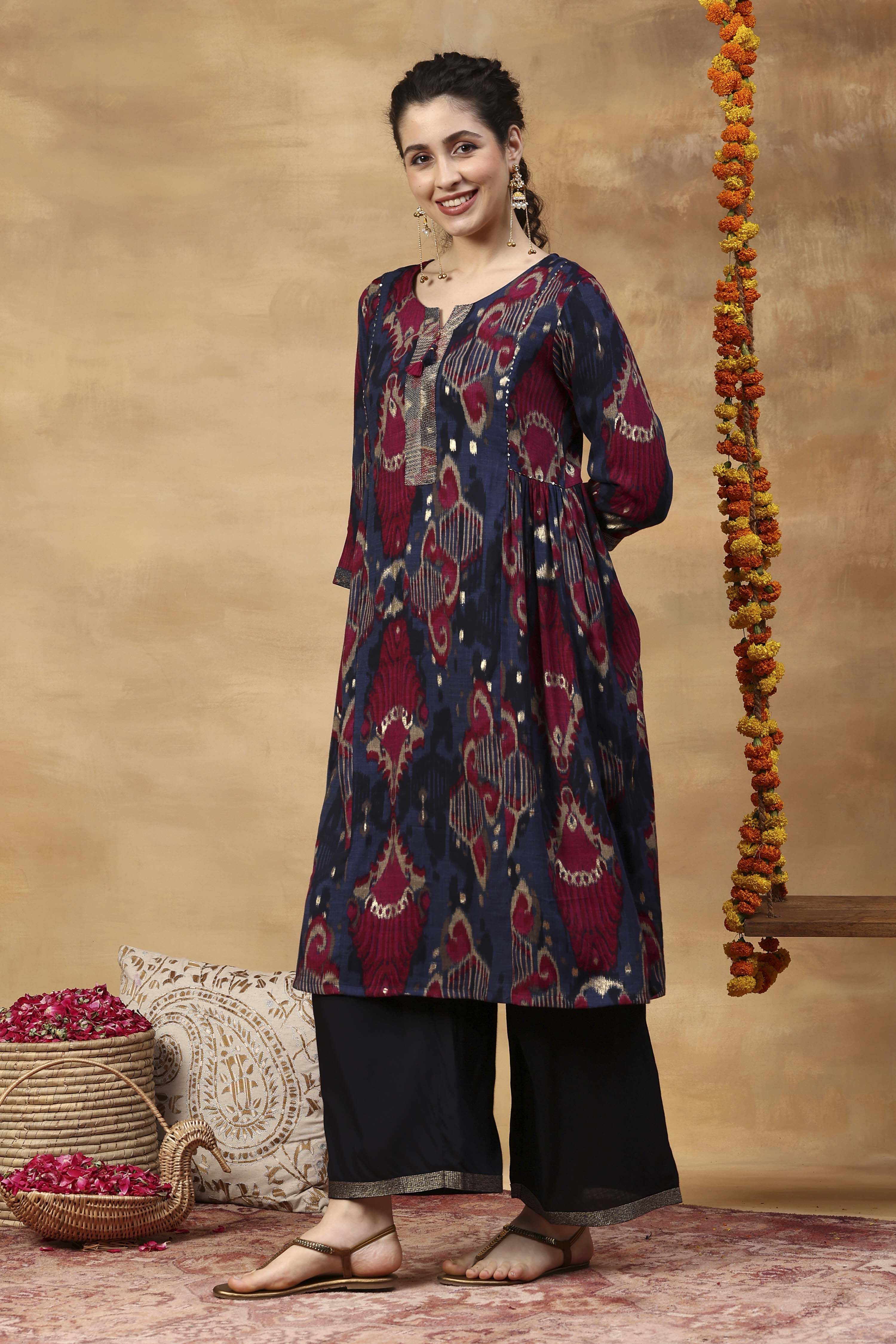 Blue Printed Viscose Blend A-Line Co-ord Set image number 3