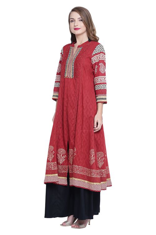 Maroon Kalidar Cotton Kurta image number 3