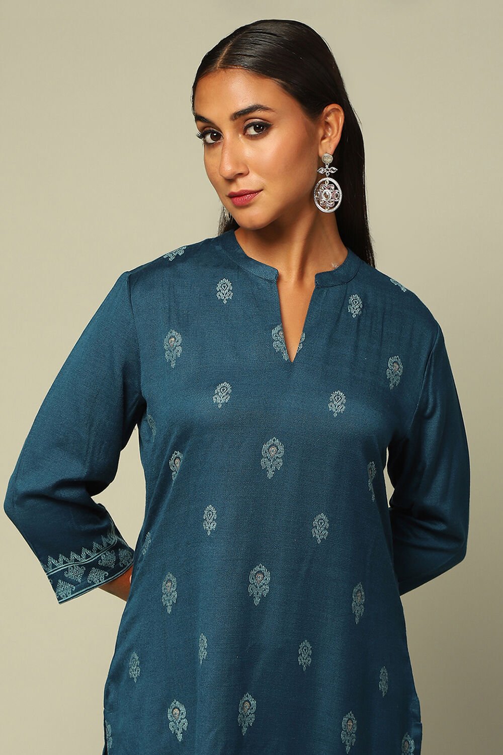 Blue Acrylic Straight Yarn Dyed Kurta Palazzo Suit Set image number 1