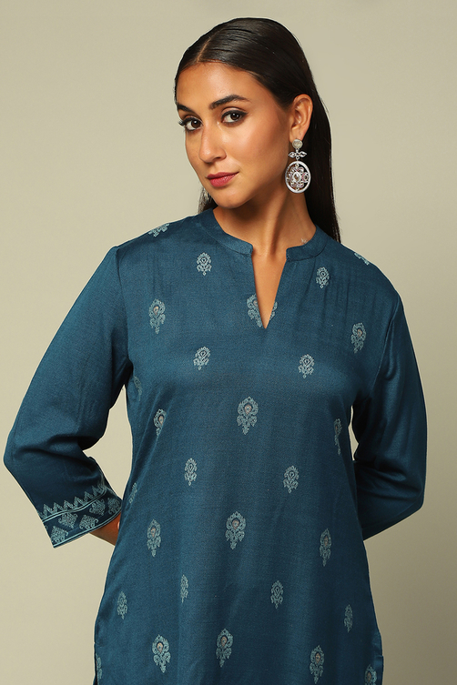 Blue Acrylic Straight Yarn Dyed Kurta Palazzo Suit Set image number 1