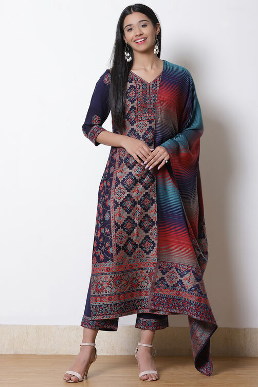 Navy Blue Acrylic Straight Suit Set image number 0