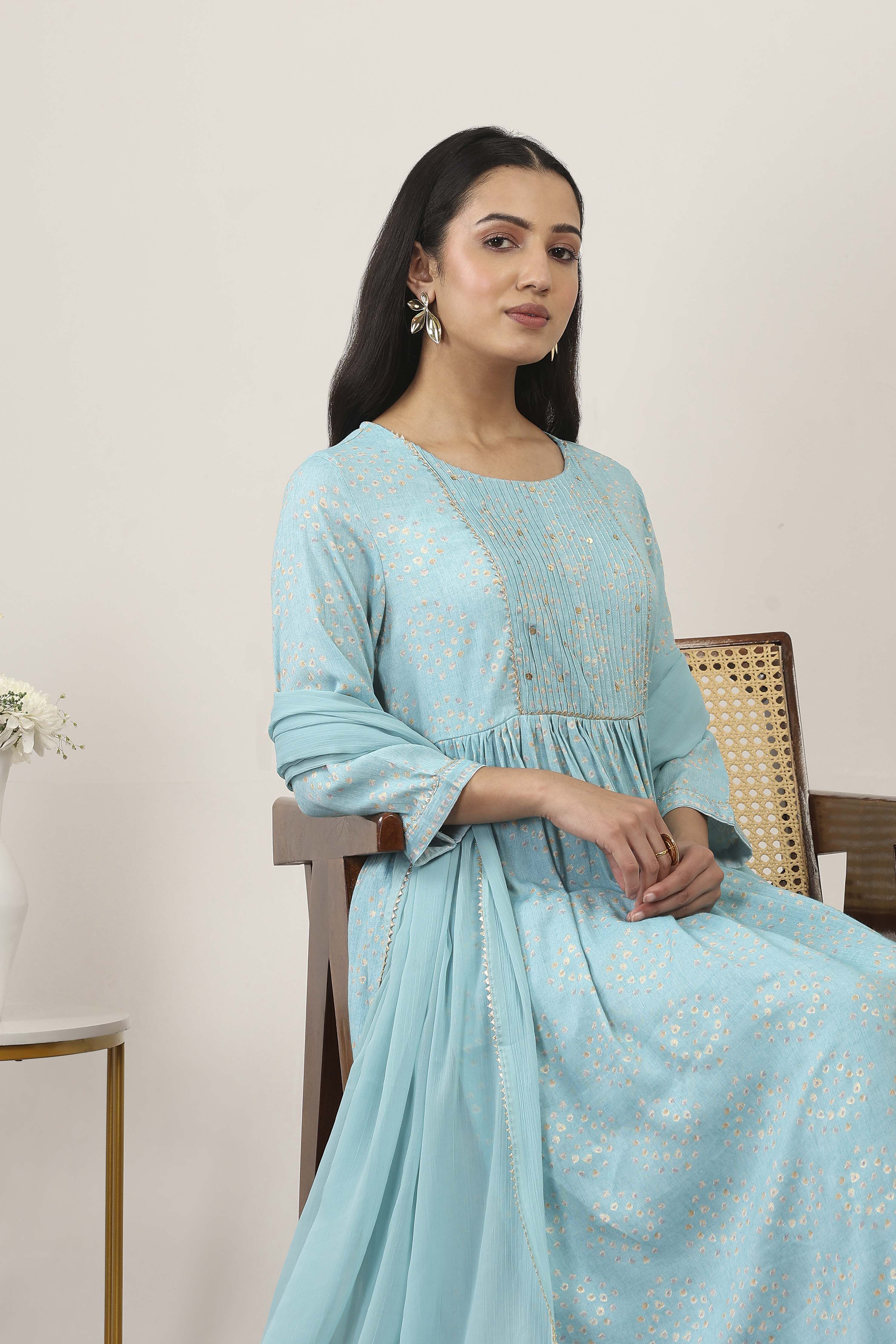 Blue Viscose Polyester Straight Suit Set image number 7