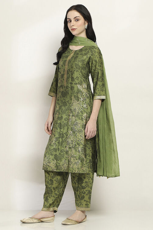 Green Floral Straight Suit Set image number 3