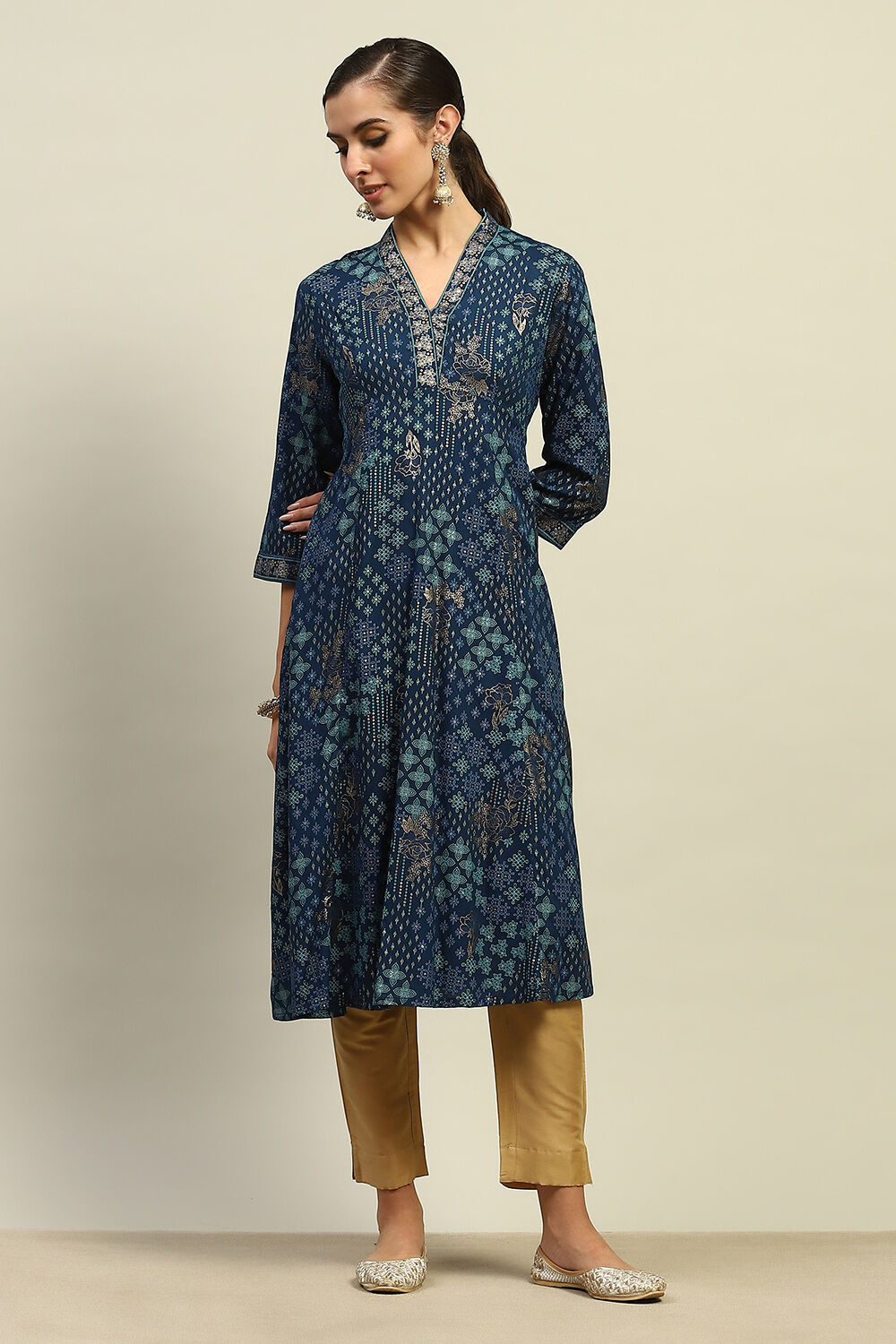 Teal Printed A-line Kurta image number 5