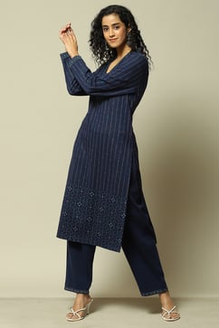 Navy Cotton Blend Straight Printed Kurta Palazzo Suit Set image number 0