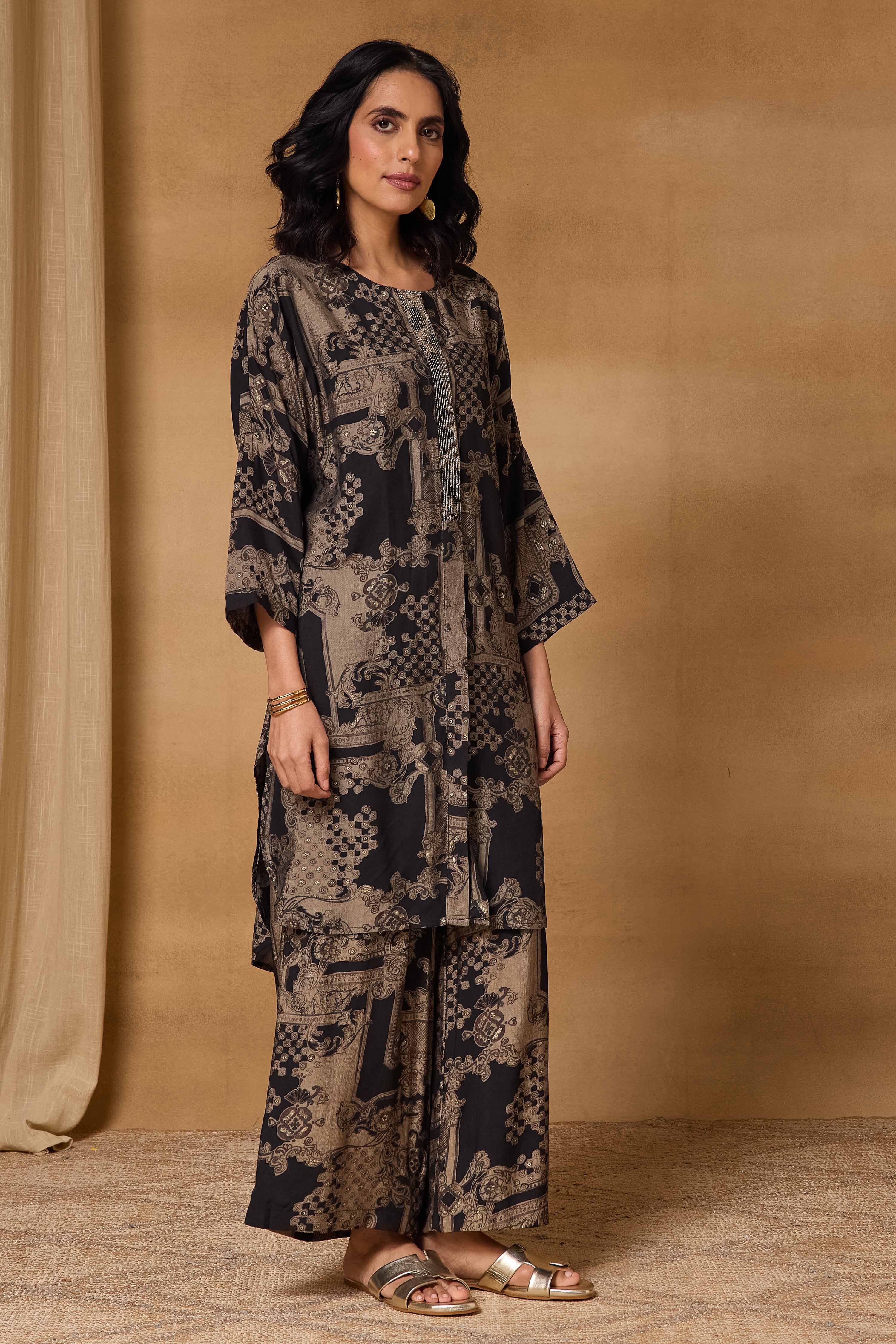 Black Viscose Blend Straight Printed Kurta Pants Set image number 6