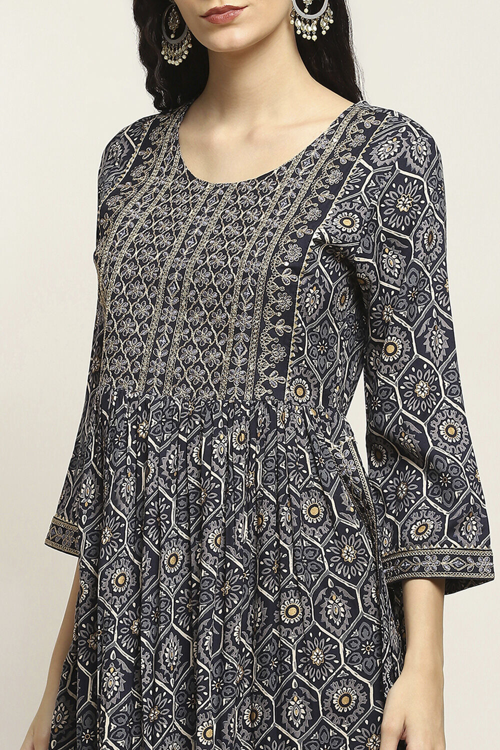 Navy Viscose Rayon Printed Gathered Suit Set image number 1