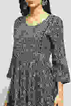 Navy Viscose Rayon Printed Gathered Suit Set image number 1