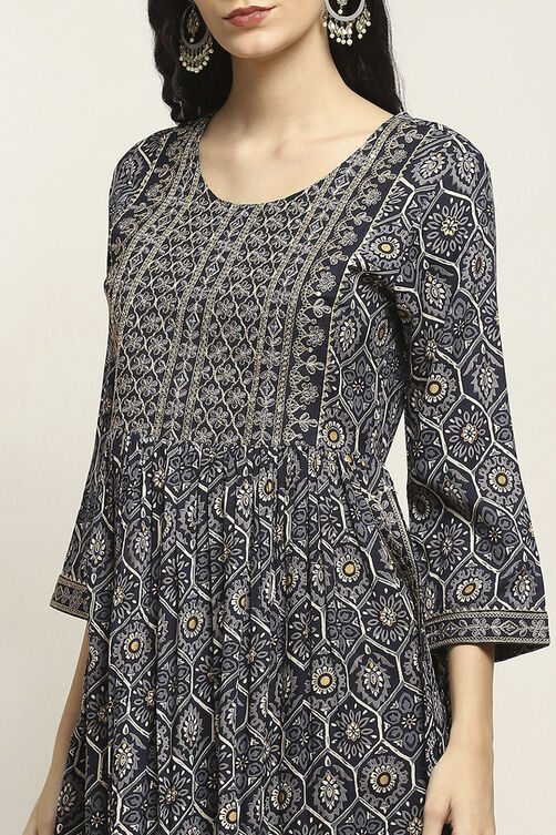 Navy Viscose Rayon Printed Gathered Suit Set image number 1