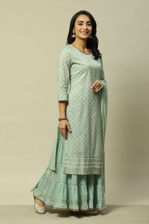 Sage Green Cotton Straight Printed Kurta Sharara Suit Set image number 6